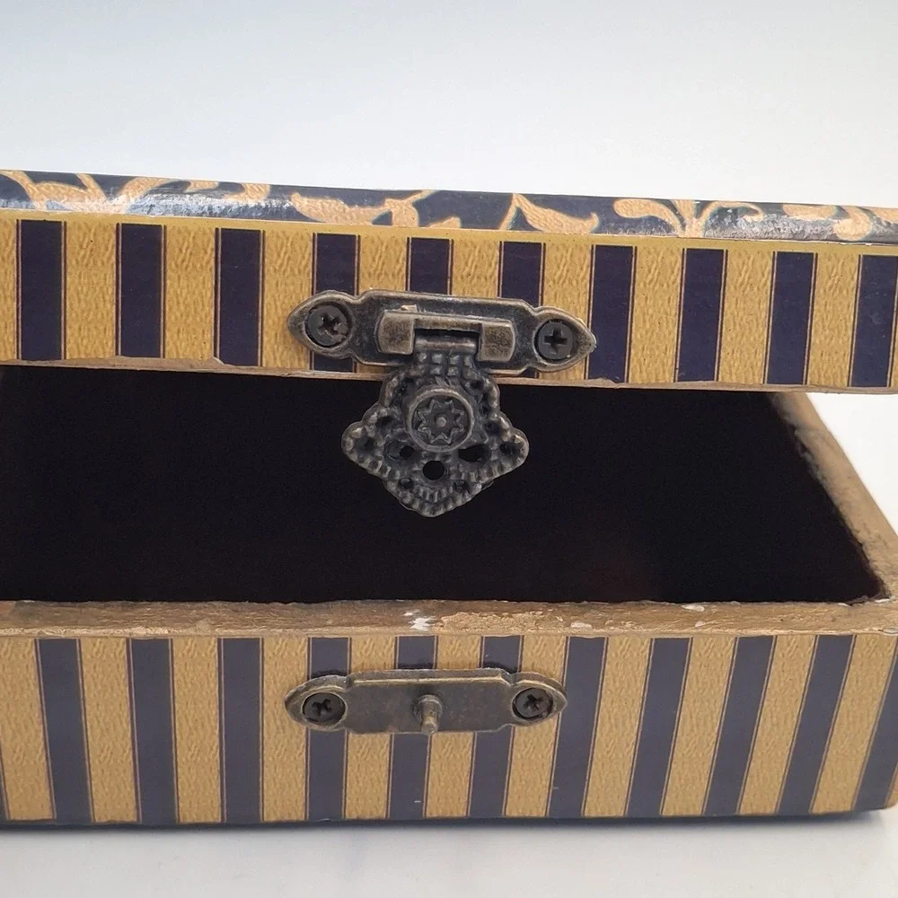 Vintage Small Wooden Jewelry Box Floral Rose Print Gold Foil Decoupage Latch